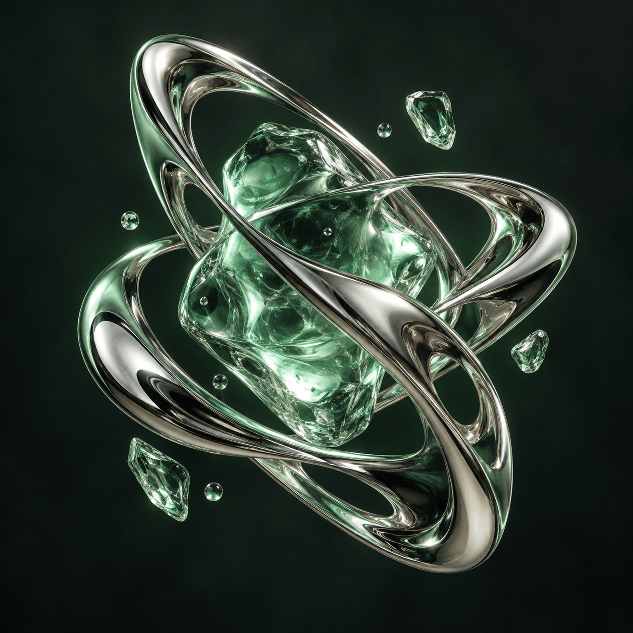 Abstract jade-glass and chrome orbital sculpture avatar